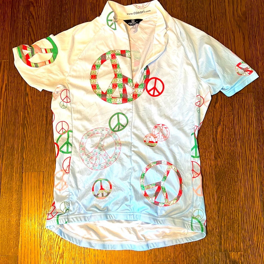 Canari White/Blue Short-Sleeve Cycling Jersey with Red & Green Peace Signs